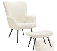 Chaise - TECTAKE - Fauteuil HYGGE en acier et polyester à l'aspect bouclé avec tabouret, 72 x 76 x 100,5 cm - Crème/Noir