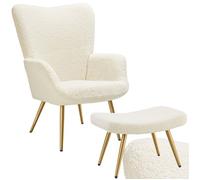 Chaise - TECTAKE - Fauteuil HYGGE en acier et polyester à l'aspect bouclé avec tabouret, 72 x 76 x 100,5 cm - Crème/Or