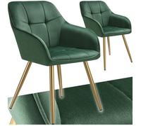 Chaise - TECTAKE - Lot de 2 chaises MARYLIN effet velours capitonné rembourrée et pieds acier doré, 58 x 62 x 82 cm - Vert/Or