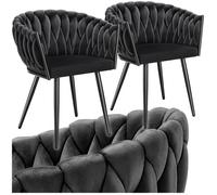 Chaise - TECTAKE - Lot de 2 fauteuils ASTANO en velours et design noué avec pieds fin en acier, 60,5 x 55 x 75 cm - Noir