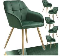 Chaise - TECTAKE - Lot de 6 chaises MARYLIN effet velours capitonné rembourrée et pieds acier doré, 58 x 62 x 82 cm - Vert/Or