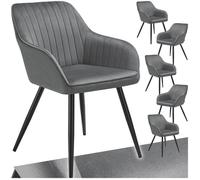 Chaises - TECTAKE - Lot de 6 fauteuils de salle à manger MARYLIN aspect velours avec pieds en acier noir - Gris