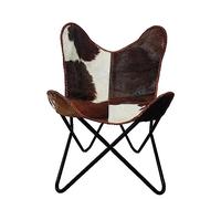 Chaise vintage en cuir de papillon, chaise d'appoint en cuir de vache pour salon et petits espaces, chaise pliante relaxante pour la maison, le bureau et la chambre à coucher (blanc et marron)