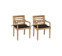 Chaises Batavia lot de 2 et coussins noirs Bois de teck massif