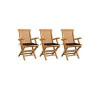 vidaXL Chaises de jardin avec coussins noirs 3 pcs. Bois massif teck