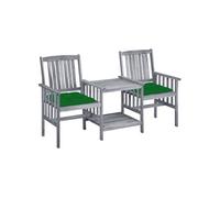 Chaises de jardin avec table à thé et coussins Acacia solide, 159 x 61 x 92 cm, Gris, Vert