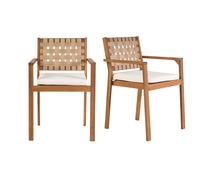 Chaises de jardin empilables en bois massif avec coussin blanc et sangles beiges (lot de 2) SANTANA