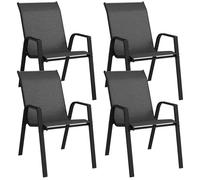 Outsunny – Lot de 4 chaises de jardin empilables, acier noir, résine tressée grise, accoudoirs