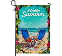 Chaises de plage, drapeau de jardin, fleurs tropicales d'été, voiliers, toile de jute turquoise double face, petit drapeau de jardin pour extérieur, pelouse, porche, terrasse, entrée, 30,5 x 45,7 cm