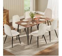 Chaises de Salle à Manger, Lot de 6, Support Métallique, Pieds Réglables, Tissu Chenille, PU Texturé Glacé, Blanc Crème