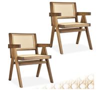 Chaises de salle à manger - TECTAKE - Lot de 2 fauteuils LISSY style boho avec cannage viennois en bois et accoudoirs - Chêne clair