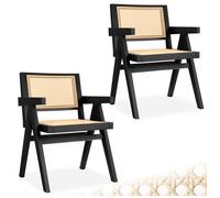 tectake® Lot de 2 Chaises de Salle à Manger Design Noir en Bois massif & Cannage Chaise de table à manger avec Accoudoirs Chaise Confortable pour coiffeuse, chambre, cuisine, bureau, cabinet, dressing