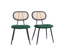Chaises design en tissu velours vert foncé, métal noir et cannage rotin (lot de 2) SWANN