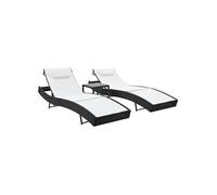 Chaises longues 2 pcs et table Résine tressée et textilène Noir