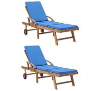 Chaises Longues Avec Coussins 2 Pcs Bois De Teck Solide Bleu Bleu