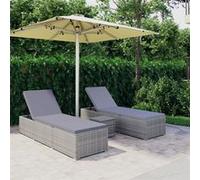 vidaXL Chaises Longues de Jardin Table à Thé 3 pcs Transat de Patio Bain de Soleil de Balcon Camping Extérieur Piscine Résine Tressée Gris