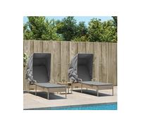 Chaises longues lot de 2 avec auvents et table beige poly rotin, lit de bronzage, chaise longue inclinable, lit de 3261572