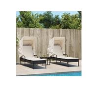 Chaises longues lot de 2 avec auvents et table noir poly rotin, lit de bronzage, chaise longue inclinable, lit de 3261569