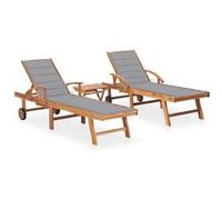 Chaises longues lot de 2 avec table et coussin Bois teck solide