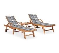 Chaises longues lot de 2 avec table et coussin Bois teck solide bois de teck G