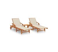 Lot de 2 Chaises Longues avec Table avec Coussins Transat Acacia Solide vidaXL