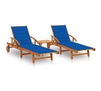 Chaises longues lot de 2 avec table et coussins Acacia solide G
