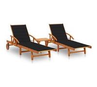 Chaises longues lot de 2 avec table et coussins Acacia solide Noir G
