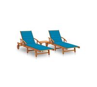 Lot de 2 Chaises Longues avec Table avec Coussins Transat Acacia Solide vidaXL