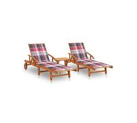 Acacia Solide Chaises Longues 2 pcs avec Table et Coussins Transats de Patio Chaises Longues de Jardin Bains de Soleil d'Extérieur Terrasse
