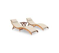 Lot de 2 Chaises Longues avec Table avec Coussins Transat Acacia Solide vidaXL