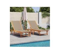 Chaises longues lot de 2 table taupe bois d'acacia et textilène, lit de soleil, lit de repos, chaise longue 3279255
