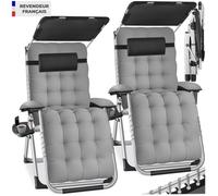 Chaises longues - TECTAKE - Lot de 2 transats CLOUD II pliables avec pare-soleil dossier et repose-pieds réglables - Gris Clair