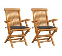 vidaXL Lot de 2 chaises de jardin en teck massif pliables H. 89 cm avec coussins bleus