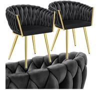 Chaises - TECTAKE - Lot de 2 fauteuils de salle à manger ASTANO en velours design noué avec pieds fin en acier - Noir/Or