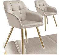 Chaises - TECTAKE - Lot de 2 fauteuils de salle à manger MARYLIN aspect velours avec pieds en acier doré - Taupe/Or