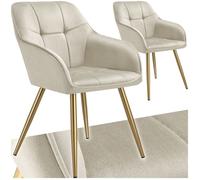Chaises - TECTAKE - Lot de 2 fauteuils de salle à manger MARYLIN aspect velours avec pieds en acier doré - Crème/Or