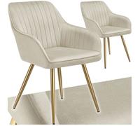 Chaises - TECTAKE - Lot de 2 fauteuils de salle à manger MARYLIN aspect velours et matelassé avec pieds en acier doré - Crème/Or