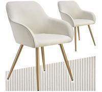 Chaises - TECTAKE - Lot de 2 fauteuils de salle à manger MARYLIN en velours côtelé avec pieds en acier noir - Crème/Doré