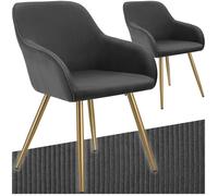 Chaises - TECTAKE - Lot de 2 fauteuils de salle à manger MARYLIN en velours côtelé avec pieds en acier noir - Anthracite/Doré