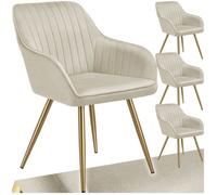 Chaises - TECTAKE - Lot de 4 fauteuils de salle à manger MARYLIN aspect velours et matelassé avec pieds en acier doré - Crème/Or