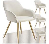 Chaises - TECTAKE - Lot de 4 fauteuils de salle à manger MARYLIN en velours côtelé avec pieds en acier noir - Crème/Doré