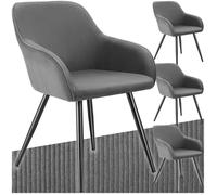 Chaises - TECTAKE - Lot de 4 fauteuils de salle à manger MARYLIN en velours côtelé avec pieds en acier noir - Gris/Noir