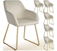 Chaises - TECTAKE - Lot de 6 fauteuils de salle à manger JEANNE aspect velours rembourré 57 x 61 x 85,5 cm - Crème/Or