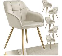 Chaises - TECTAKE - Lot de 6 fauteuils de salle à manger MARYLIN aspect velours avec pieds en acier doré - Crème/Or
