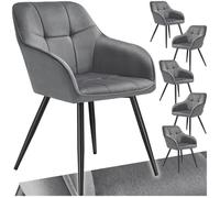 Chaises - TECTAKE - Lot de 6 fauteuils de salle à manger MARYLIN aspect velours et matelassé avec pieds en acier noir - Gris/Noir