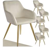 Chaises - TECTAKE - Lot de 6 fauteuils de salle à manger MARYLIN en velours avec pieds en acier doré - Crème/Doré