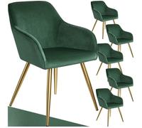 Chaises - TECTAKE - Lot de 6 fauteuils de salle à manger MARYLIN en velours avec pieds en acier doré - Vert Foncé/Noir