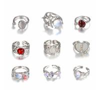 CHAKAE Lot de 9 bagues élégantes en pierre de lune pour femmes et adolescents avec pierres précieuses irrégulières - Cadeau unique - Cœur ouvert
