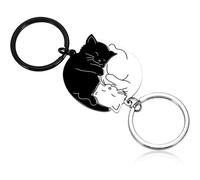 CHAKAE Paire de porte-clés en forme de chats noirs et blancs pour couples, pendentifs, bagues, idée cadeau d'anniversaire