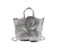 CHAKAE Petit sac seau élégant en cuir synthétique avec sangle de chaîne, sac à main à bandoulière pour femme, fête, bal, soirée, sac à bandoulière avec chaîne florale, Argenté., One Size